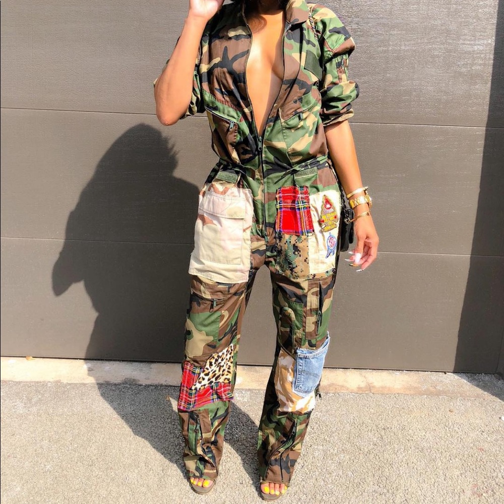 Zamar Lewis Green Patchwork Camouflage jumpsuit